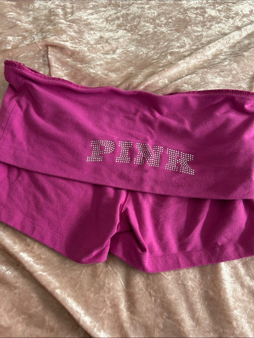 PINK Victoria's Secret Hot Pink Fold-Over Bike Shorts with Rhinestone Logo